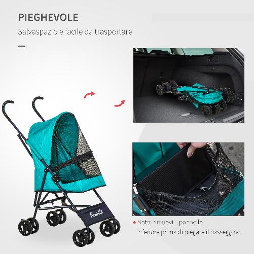 PawHut-Passeggino-per-Cani-Piccoli-Pieghevole-Ruote-Girevoli-con-Freno-in-EVA-e-Guinzaglio-di-Sicurezza-65x42x94cm-Verde