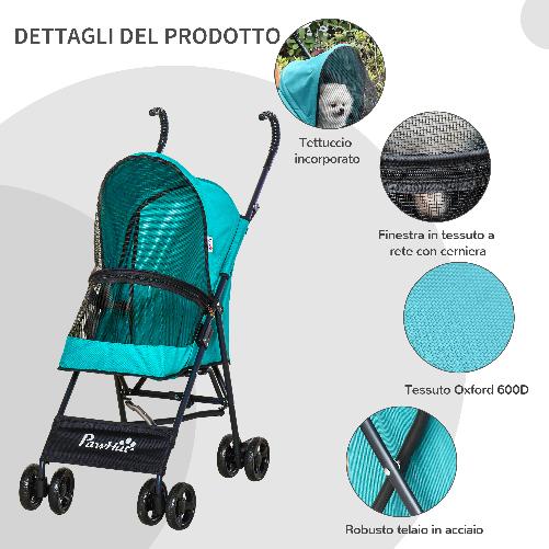 PawHut-Passeggino-per-Cani-Piccoli-Pieghevole-Ruote-Girevoli-con-Freno-in-EVA-e-Guinzaglio-di-Sicurezza-65x42x94cm-Verde