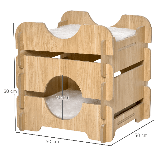 PawHut-Cuccia-per-Gatti-su-2-Livelli-con-Cuscini-Rimovibili-e-Lavabili-50x50x50cm---Rovere