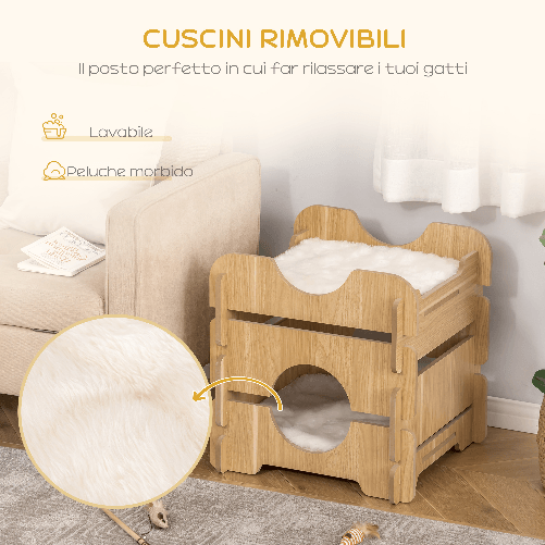 PawHut-Cuccia-per-Gatti-su-2-Livelli-con-Cuscini-Rimovibili-e-Lavabili-50x50x50cm---Rovere