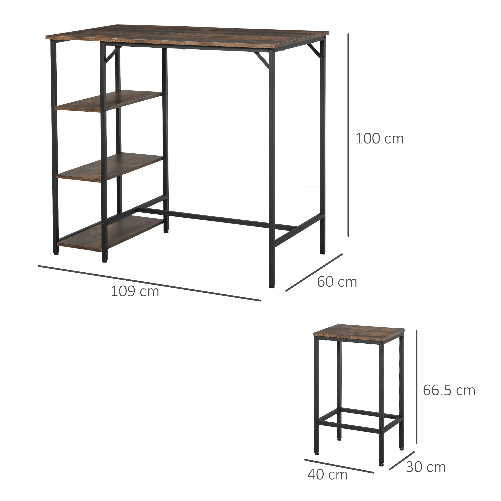 HOMCOM-Set-Tavolo-Alto-con-2-Sgabelli-e-Scaffale-Stile-Industriale-in-Metallo-e-Legno-Marrone-Rustico