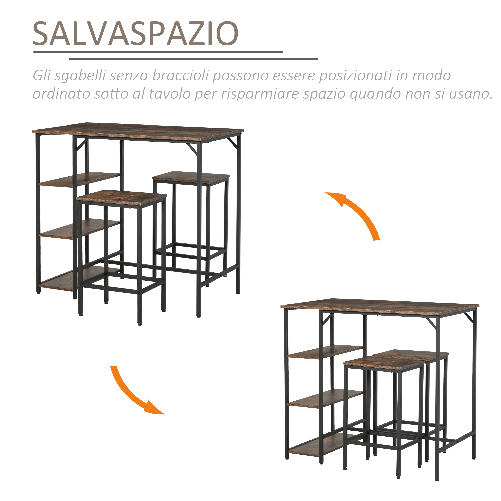 HOMCOM-Set-Tavolo-Alto-con-2-Sgabelli-e-Scaffale-Stile-Industriale-in-Metallo-e-Legno-Marrone-Rustico