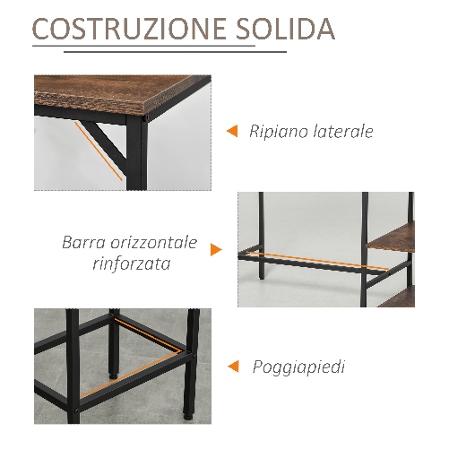 HOMCOM-Set-Tavolo-Alto-con-2-Sgabelli-e-Scaffale-Stile-Industriale-in-Metallo-e-Legno-Marrone-Rustico