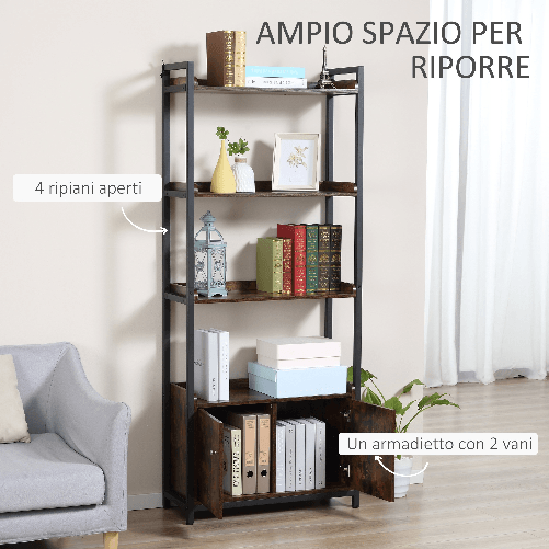 HOMCOM-Mobile-Libreria-4-Ripiani-con-Armadietto-a-2-Ante-Libreria-Scaffale-in-Stile-Industriale-per-Casa-e-Ufficio-75x30x180cm-Marrone