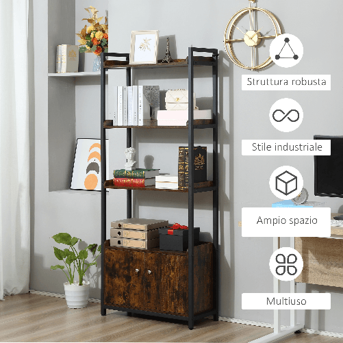 HOMCOM-Mobile-Libreria-4-Ripiani-con-Armadietto-a-2-Ante-Libreria-Scaffale-in-Stile-Industriale-per-Casa-e-Ufficio-75x30x180cm-Marrone