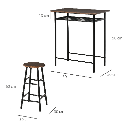 HOMCOM-Tavolo-Alto-con-2-Sgabelli-per-Cucina-Sala-Bar-Poggiapiedi-e-Mensola