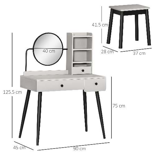 HOMCOM-Set-da-Toeletta-Tavolo-per-Trucco-Specchio-e-Sgabello-con-3-Cassetti-e-Ripiani