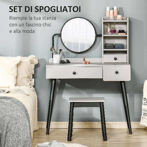 HOMCOM-Set-da-Toeletta-Tavolo-per-Trucco-Specchio-e-Sgabello-con-3-Cassetti-e-Ripiani