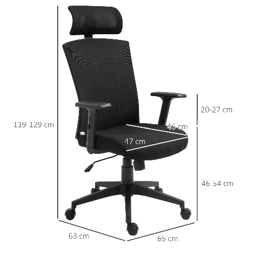 Vinsetto-Sedia-da-Ufficio-Ergonomica-con-Poggiatesta-e-Supporto-Lombare-Altezza-e-Braccioli-Regolabili-65x63x119-129cm-Nero