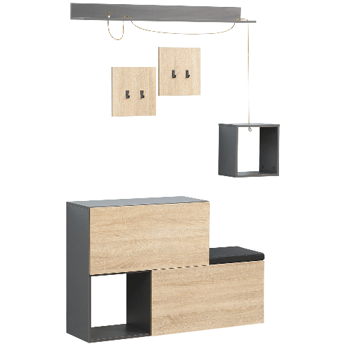 HOMCOM-Set-Mobile-da-Ingresso-con-Attaccapanni-Scarpiera-con-Panca-e-Scaffale-Grigio-e-Naturale