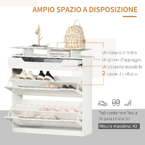 HOMCOM-Scarpiera-Moderna-con-2-Cassetti-per-16-Scarpe-Scarpiera-a-Ribalta-con-Mensola-Regolabile-e-Ripiano-in-Vetro-89x23x96cm-Bianco-Lucido