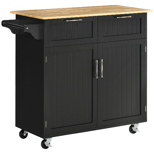 HOMCOM-Carrello-da-Cucina-Multiuso-in-Legno-con-2-Cassetti-Armadietto-e-4-Ruote-104x46x91cm-Nero