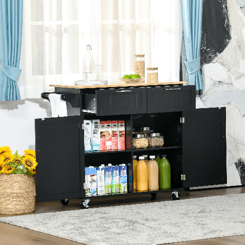 HOMCOM-Carrello-da-Cucina-Multiuso-in-Legno-con-2-Cassetti-Armadietto-e-4-Ruote-104x46x91cm-Nero