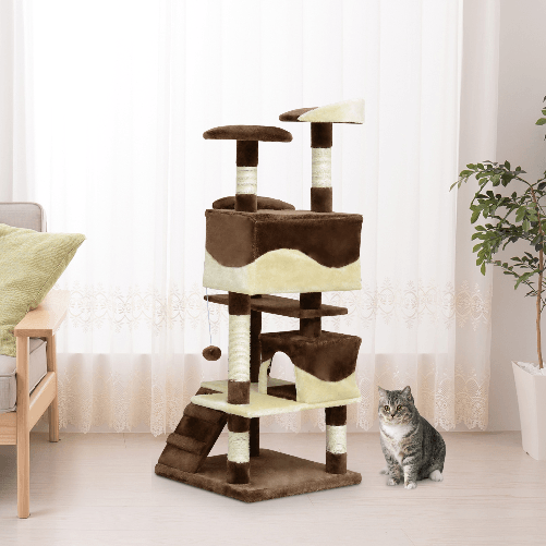 Pawhut-Albero-per-Gatti-in-Peluche-e-Sisal-con-Cucce-e-Pallina-Caffe-e-Crema-50x50x132cm