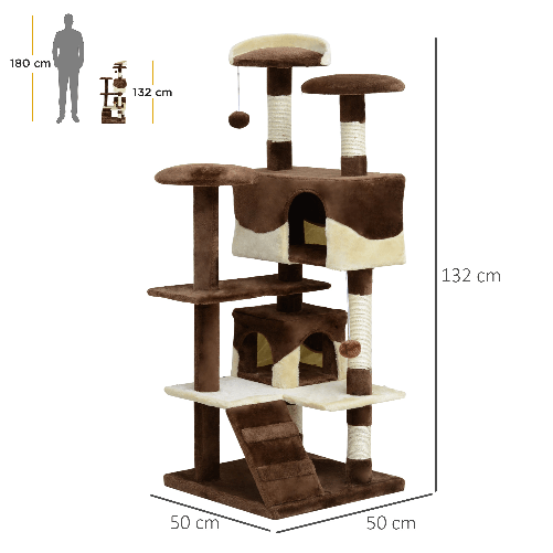 Pawhut-Albero-per-Gatti-in-Peluche-e-Sisal-con-Cucce-e-Pallina-Caffe-e-Crema-50x50x132cm