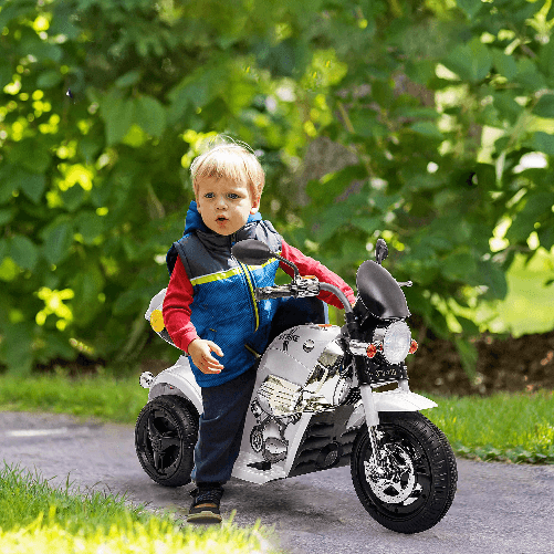 HOMCOM-Moto-Elettrica-per-Bambini-6V-a-3-Ruote-con-Luci-e-Musica-Velocita-3km-h-Eta-18-36-Mesi-87x46x54cm-Bianco