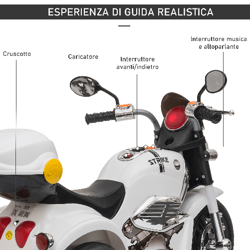 HOMCOM-Moto-Elettrica-per-Bambini-6V-a-3-Ruote-con-Luci-e-Musica-Velocita-3km-h-Eta-18-36-Mesi-87x46x54cm-Bianco