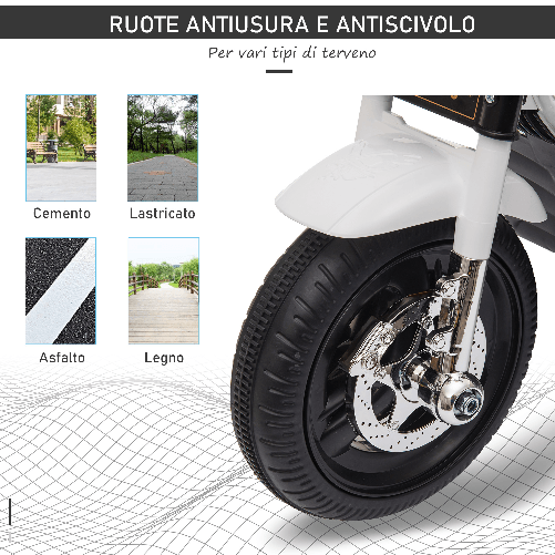 HOMCOM-Moto-Elettrica-per-Bambini-6V-a-3-Ruote-con-Luci-e-Musica-Velocita-3km-h-Eta-18-36-Mesi-87x46x54cm-Bianco