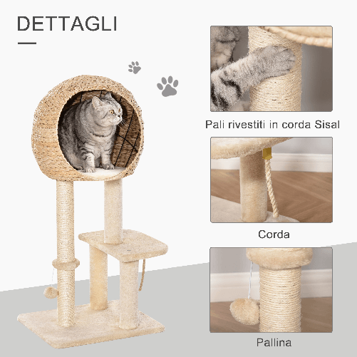 PawHut-Albero-Tiragraffi-per-Gatti-fino-a-5kg-con-Cuccia-e-Rivestimento-in-Peluche-48x40x100cm-Beige