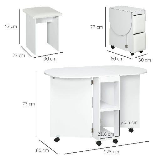 HOMCOM-Set-da-cucina-5-Pezzi-Tavolo-pieghevole-con-2-ripiani-e-4-Sgabelli-in-Legno-truciolato-Bianco