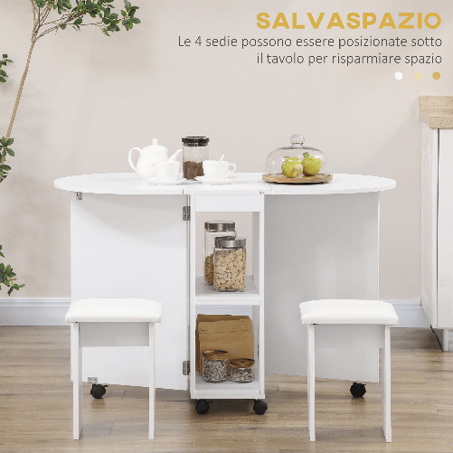 HOMCOM-Set-da-cucina-5-Pezzi-Tavolo-pieghevole-con-2-ripiani-e-4-Sgabelli-in-Legno-truciolato-Bianco