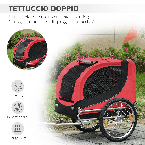 PawHut-Carrello-per-Cani-Rimorchio-Bici-in-Acciaio-e-Tessuto-Oxford-Copertura-per-Pioggia-130x73x90cm-Rosso-e-Nero