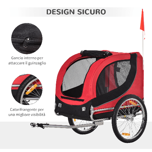 PawHut-Carrello-per-Cani-Rimorchio-Bici-in-Acciaio-e-Tessuto-Oxford-Copertura-per-Pioggia-130x73x90cm-Rosso-e-Nero