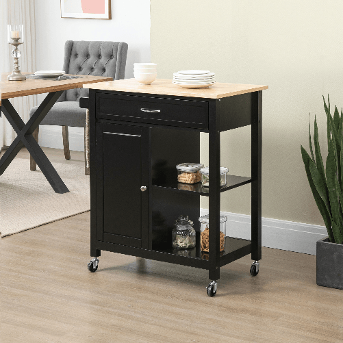 HOMCOM-Carrello-da-Cucina-in-Legno-con-Cassetto-Armadietto-e-Ruote-83x45x88cm-Nero