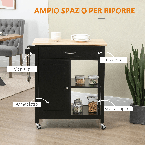 HOMCOM-Carrello-da-Cucina-in-Legno-con-Cassetto-Armadietto-e-Ruote-83x45x88cm-Nero