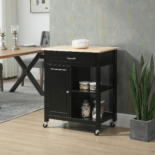 HOMCOM-Carrello-da-Cucina-in-Legno-con-Cassetto-Armadietto-e-Ruote-83x45x88cm-Nero