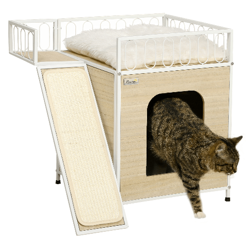 PawHut-Casetta-per-Gatti-in-MDF-e-Acciaio-con-Scaletta-Tiragraffi-e-Superficie-Recintata-56x40x54-cm