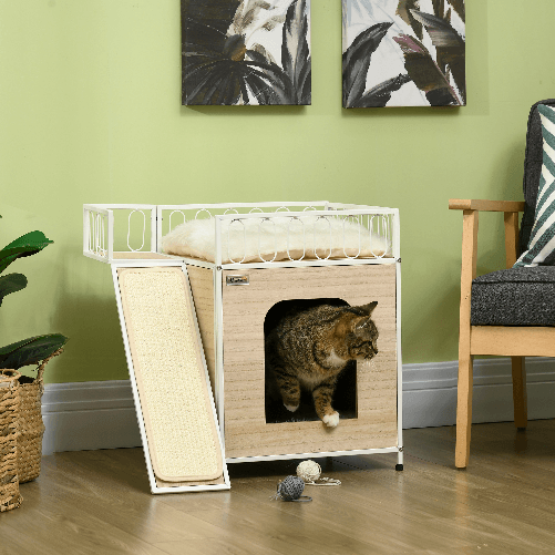 PawHut-Casetta-per-Gatti-in-MDF-e-Acciaio-con-Scaletta-Tiragraffi-e-Superficie-Recintata-56x40x54-cm