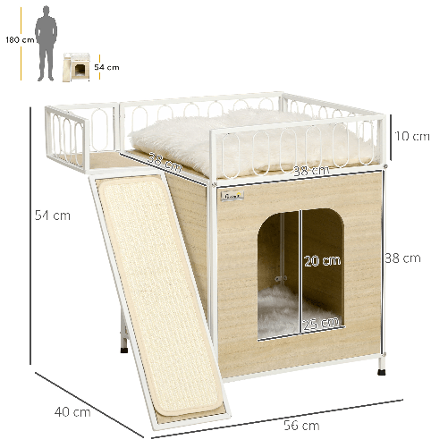 PawHut-Casetta-per-Gatti-in-MDF-e-Acciaio-con-Scaletta-Tiragraffi-e-Superficie-Recintata-56x40x54-cm