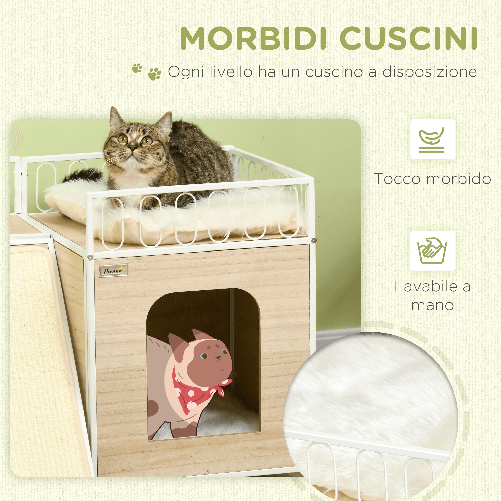 PawHut-Casetta-per-Gatti-in-MDF-e-Acciaio-con-Scaletta-Tiragraffi-e-Superficie-Recintata-56x40x54-cm