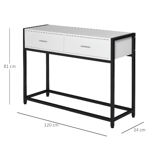 HOMCOM-Tavolo-Consolle-per-Ingresso-con-2-Cassetti-in-Legno-Bianco-e-Metallo-Nero