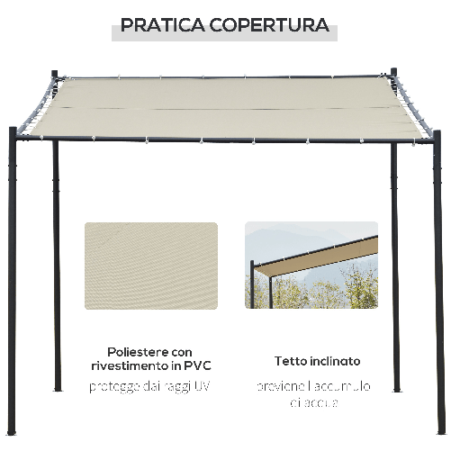 Outsunny-Gazebo-Pergola-Addossata-da-Giardino-3x3m-in-Metallo-e-Poliestere-Beige