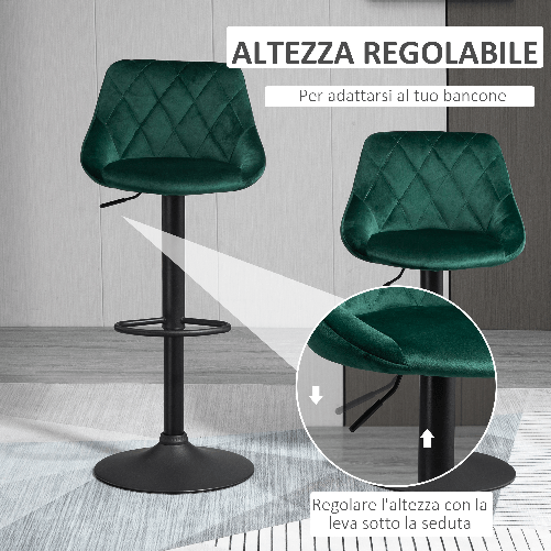 HOMCOM-Set-2-Sgabelli-da-Bar-di-Design-Girevoli-con-Altezza-Regolabile-Rivestimento-Effetto-Velluto---Verde