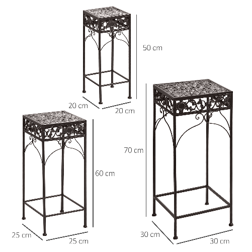 Outsunny-Set-di-3-Pezzi-Sgabelli-Supporto-per-Piante-Classico-in-Ferro-MARRONE