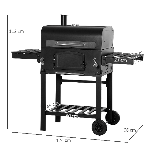 Outsunny-Barbecue-a-Carbone-3-in-1-con-Ripiani-Laterali-e-Inferiore-124x66x112-cm-Nera