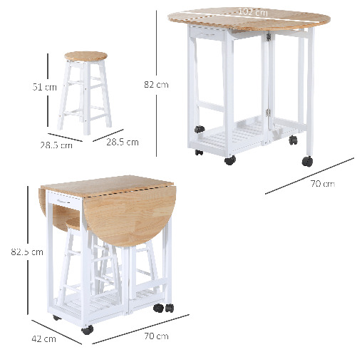 HOMCOM-Set-3-Pezzi-Tavolo-Pieghevole-da-Cucina-e-2-Sgabelli-Salvaspazio---Bianco-e-Legno