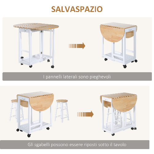 HOMCOM-Set-3-Pezzi-Tavolo-Pieghevole-da-Cucina-e-2-Sgabelli-Salvaspazio---Bianco-e-Legno