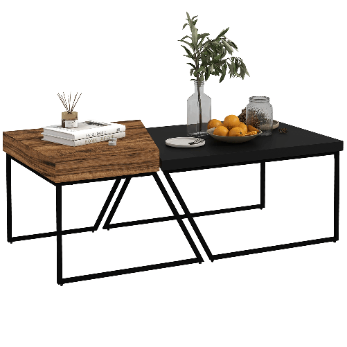 HOMCOM-Set-2-Tavolini-da-Caffe-in-Truciolato-e-Acciaio-Tavolo-Nero-80x60x42-cm-e-Tavolo-Marrone-60x60x46-cm