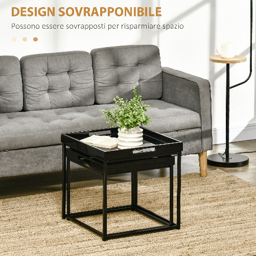 HOMCOM-Set-da-2-Tavolini-da-Caffe-Impilabili-con-Finitura-Lucida-e-Telaio-in-Acciaio-Nero