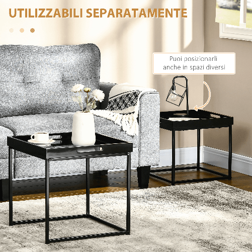 HOMCOM-Set-da-2-Tavolini-da-Caffe-Impilabili-con-Finitura-Lucida-e-Telaio-in-Acciaio-Nero