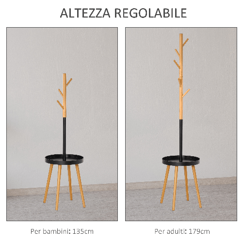 HOMCOM-Albero-Appendiabiti-da-Terra-con-Altezza-Regolabile-e-Tavolino---Nero-Legno