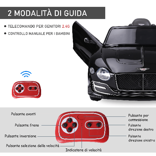 HOMCOM-Macchina-Elettrica-per-Bambini-Bentley-con-2-Portiere-Guida-Manuale-e-Telecomando-Fari-e-Suoni-108x60x43cm-Nero