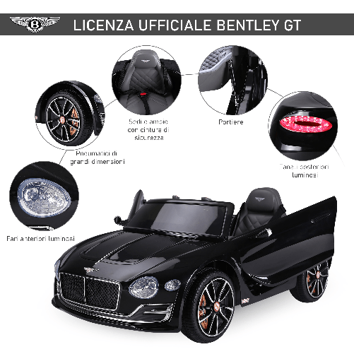 HOMCOM-Macchina-Elettrica-per-Bambini-Bentley-con-2-Portiere-Guida-Manuale-e-Telecomando-Fari-e-Suoni-108x60x43cm-Nero