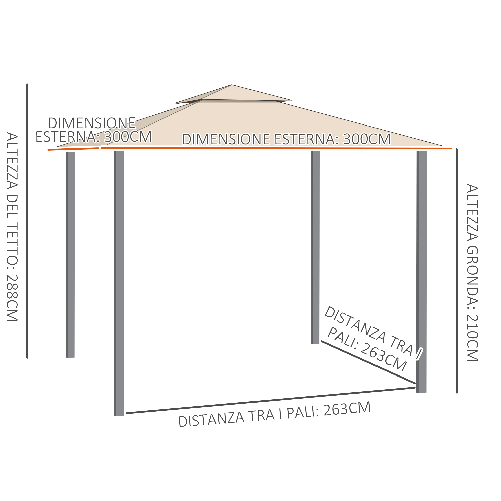 Outsunny Gazebo-da-Giardino-3x3-m-con-Tenda-Parasole-Laterale-Altezza-288-cm-Cachi