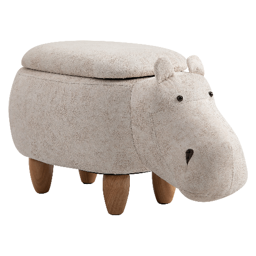 HOMCOM-Pouf-Contenitore-a-Forma-di-Ippopotamo-con-Gambe-in-Legno-e-Rivestimento-Bianco-Crema-per-Cameretta-65x35x36cm