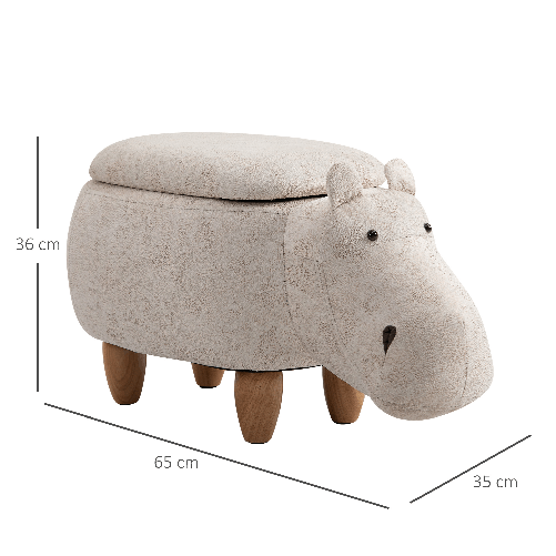 HOMCOM-Pouf-Contenitore-a-Forma-di-Ippopotamo-con-Gambe-in-Legno-e-Rivestimento-Bianco-Crema-per-Cameretta-65x35x36cm